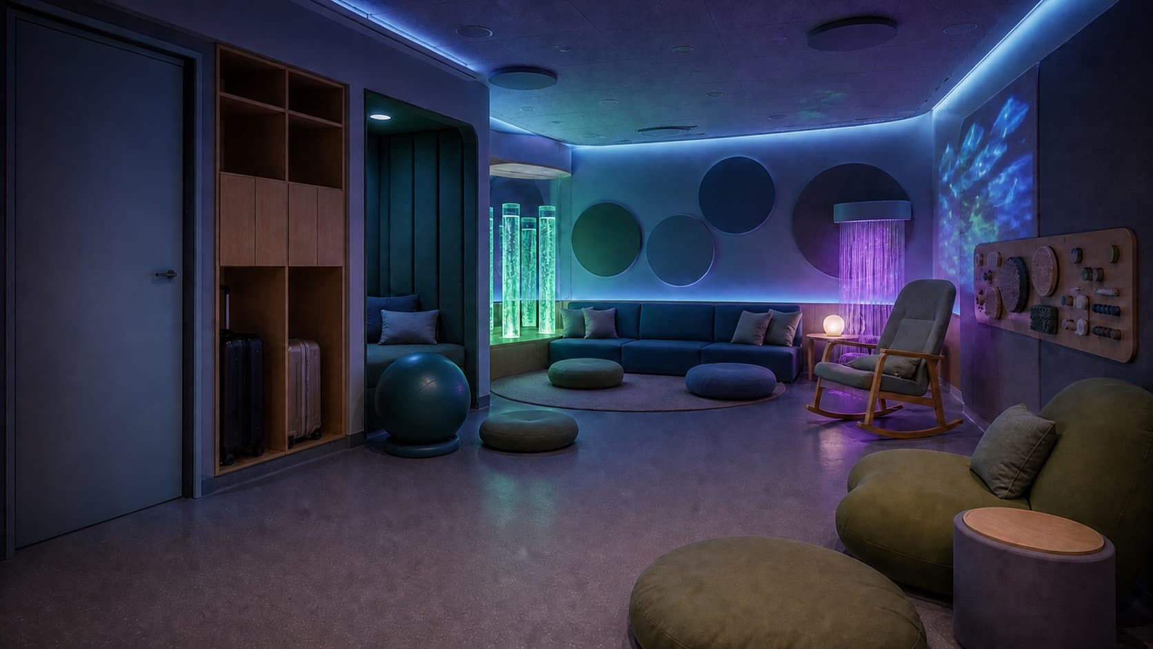 A dimly lit airport sensory room with blue and purple ambient lighting, a rocking chair, a bubble tube, and a tactile wall panel.